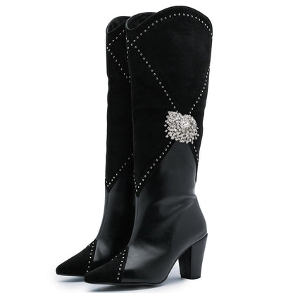 Black Vegan Suede Splicing Pointed Toe Rhinestone Western Tall Boots
