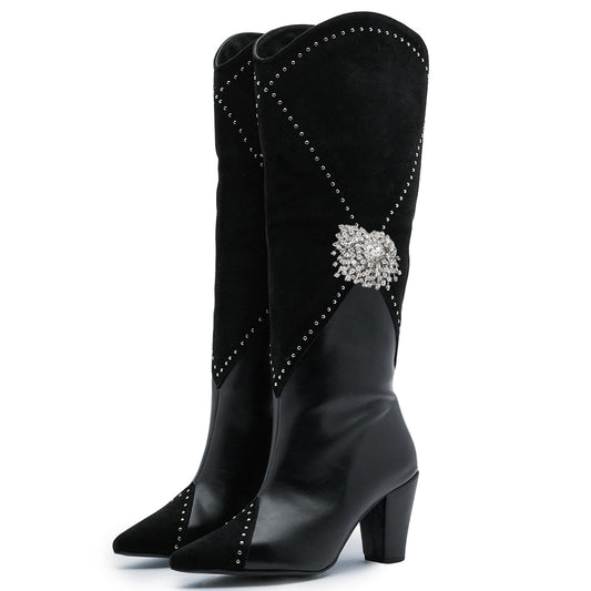 Black Vegan Suede Splicing Pointed Toe Rhinestone Western Tall Boots