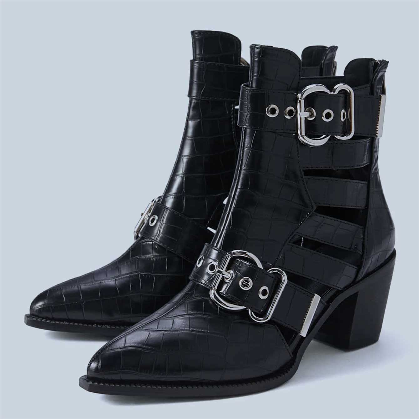 Black Croco Embossed Ankle Boots Cut Out Buckle Heeled Booties