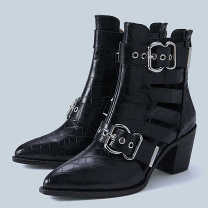 Black Croco Embossed Ankle Boots Cut Out Buckle Heeled Booties