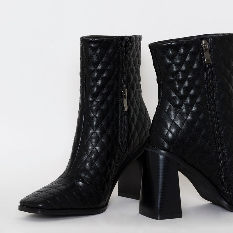 Black Zipper Chunky Heel Square Toe Mid Calf Boots