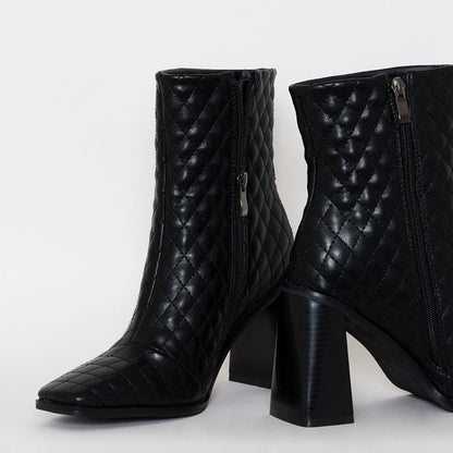 Black Zipper Chunky Heel Square Toe Mid Calf Boots