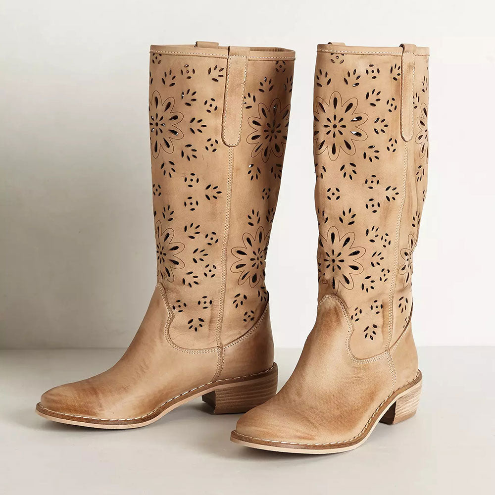 Khaki Floral Perforated Round Toe Stacked Heel Mid Calf Boots