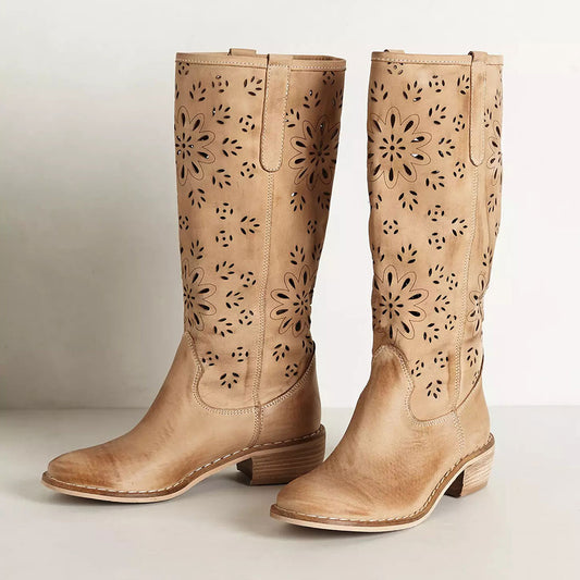 Khaki Floral Perforated Round Toe Stacked Heel Mid Calf Boots