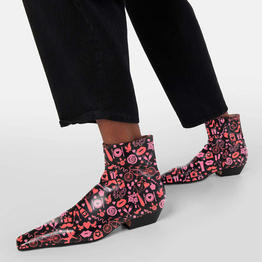 Black & Pink Decorative Printed Square Toe Ankle Boots with Zipper