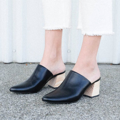 Women's Black Block Heel Pointed Toe Mules Shoes