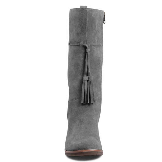 Grey Closed Toe Tasseled Tie Front Chunky Heel Women's Mid Calf Boots