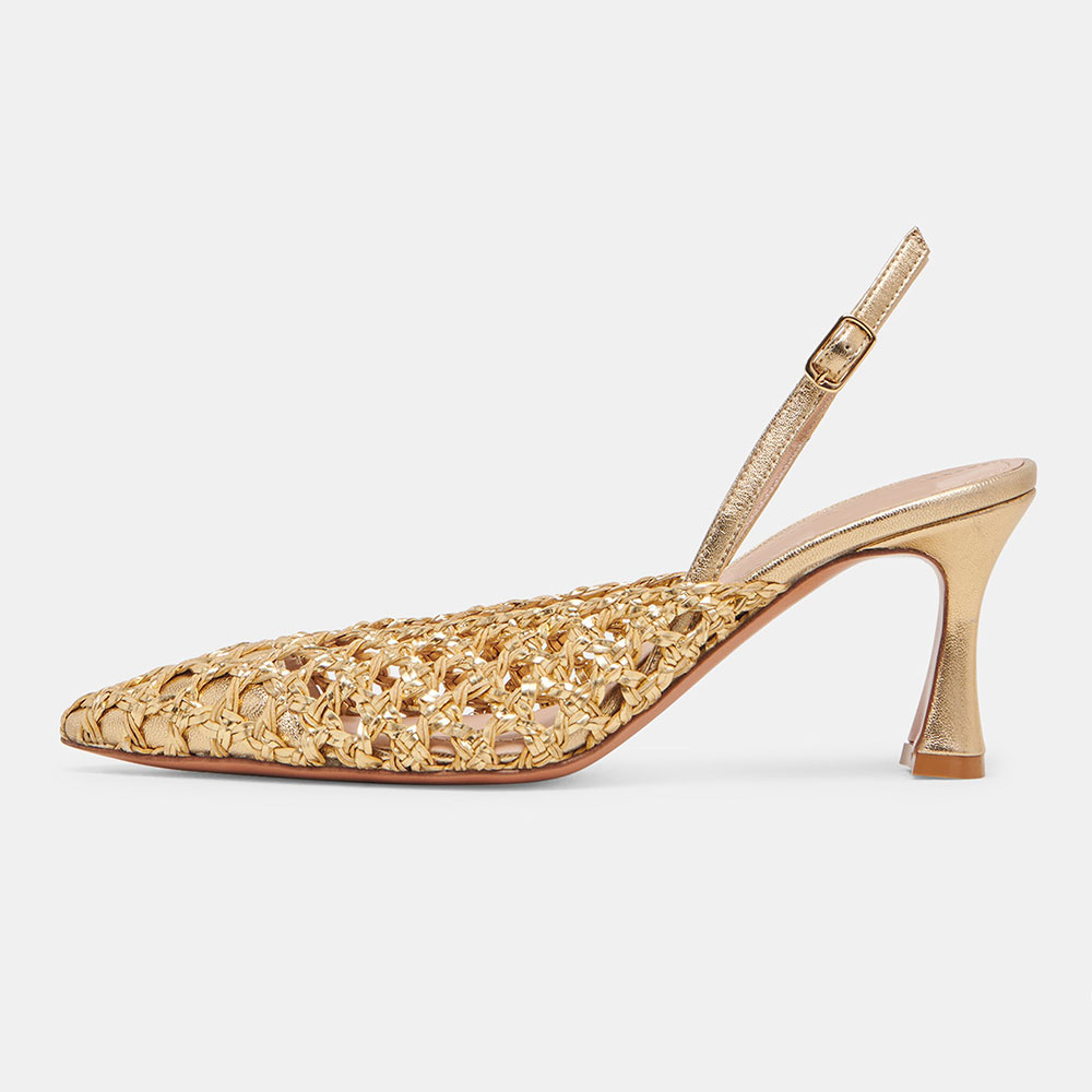 Gold Metallic Finish Pointed Toe Woven Cut-Out Slingback Heels