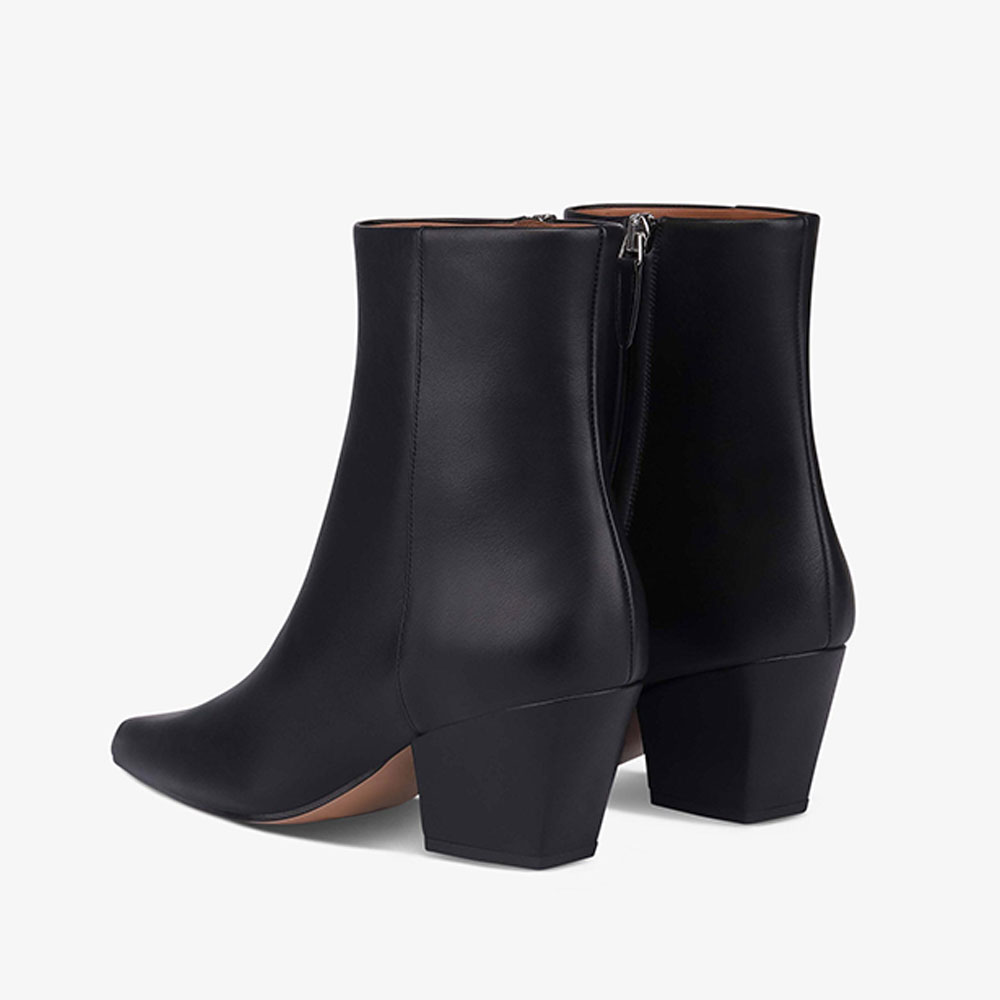 Black Pointed Toe Block Heel Side Zipper Ankle Boots for Women