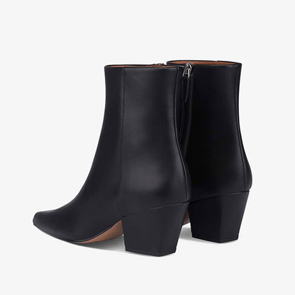 Black Pointed Toe Block Heel Side Zipper Ankle Boots for Women