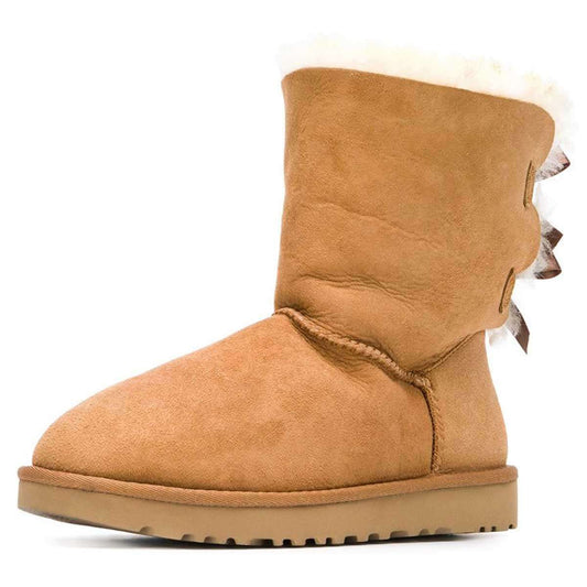 Women's Tan Round Toe Bow Decor Cute Winter Flat Faux Fur Boots