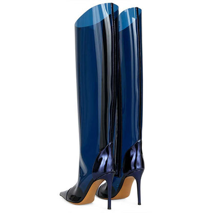 Navy Pointed Toe Iridescent Stiletto Heel Knee High Boots with Zipper