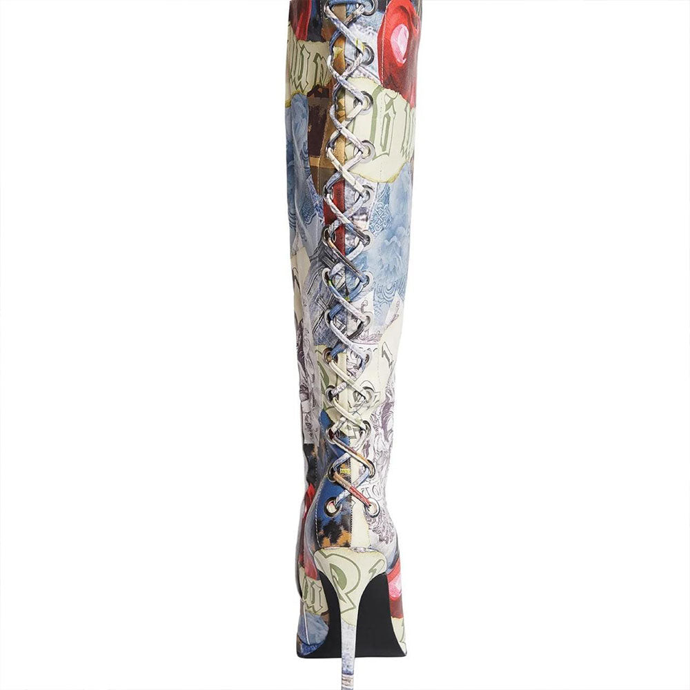 Multicolor Printing Pointed Toe Back Lace-Up Knee High Boots