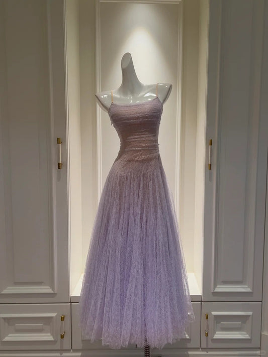 Dreamy Lavender A-line Suspender Strap Pleated Tulle Long Prom Dress Evening Dress P4056