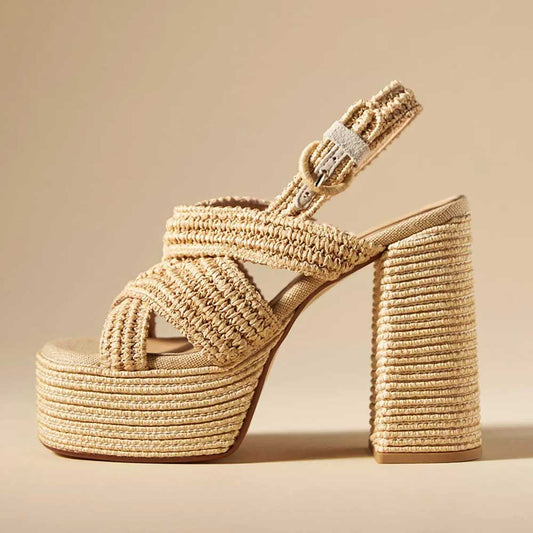 Nude Textile Woven Criss-Cross Strap Heeled Platform Sandals