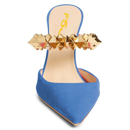 Women's Blue Vegan Suede Pointed Toe Crystal Block Heel Mules