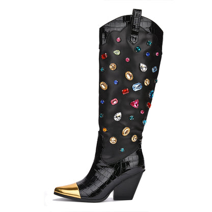 Black Pointed Toe Chunky Heel Knee High Boots with Multicolor Crystal