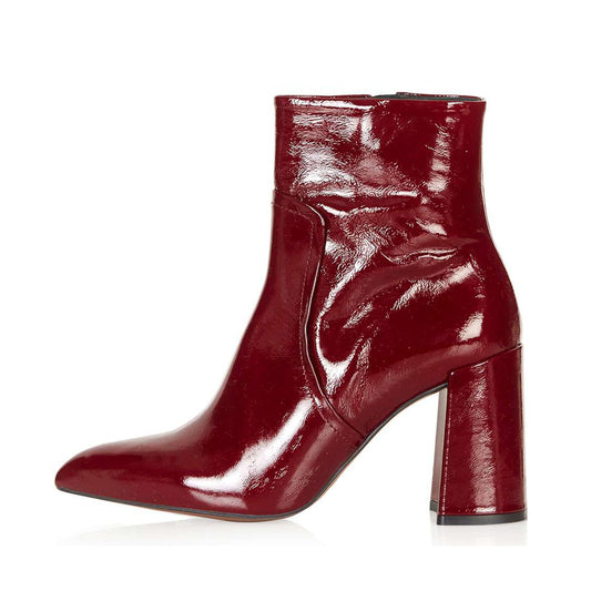 Women's Maroon Patent Leather Trendy Chunky Heel Ankle Boots with Zip