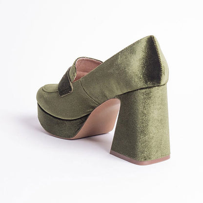 FSJ Olive Velvet Round Toe Block Heeled Loafers with Platform