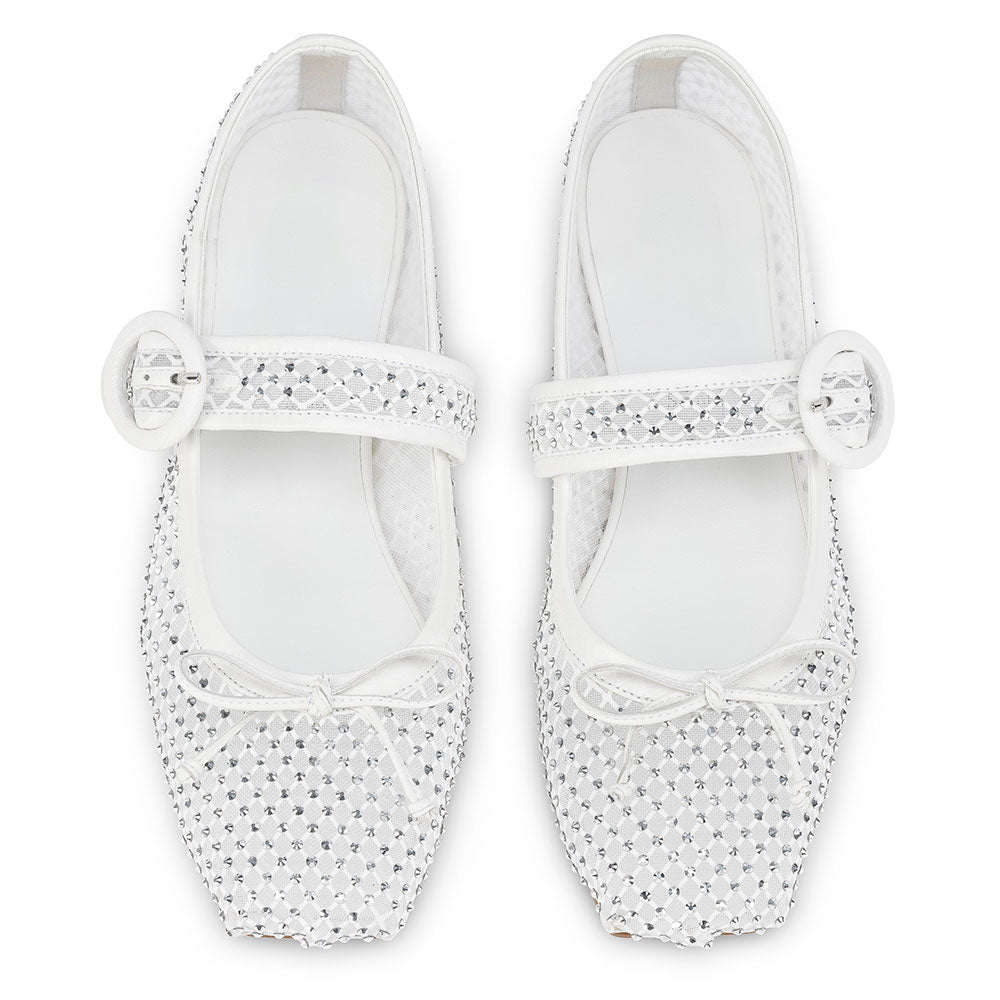 Classy White Square Toe Rhinestone Mesh Bowknot Mary Jane Flats