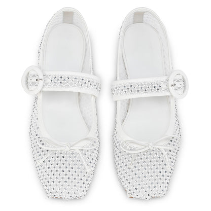 Classy White Square Toe Rhinestone Mesh Bowknot Mary Jane Flats