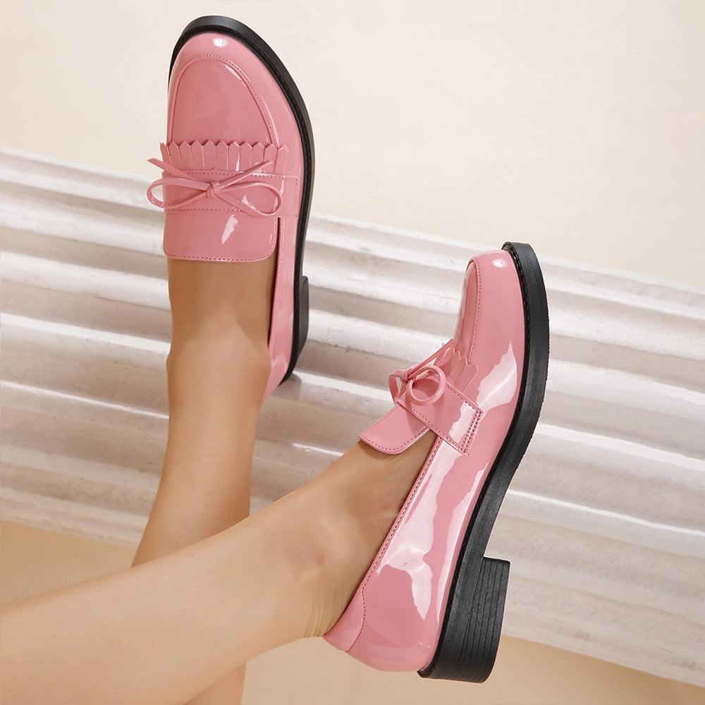 Pink Patent Leather Closed Toe Chunky Heel Formal Loafers