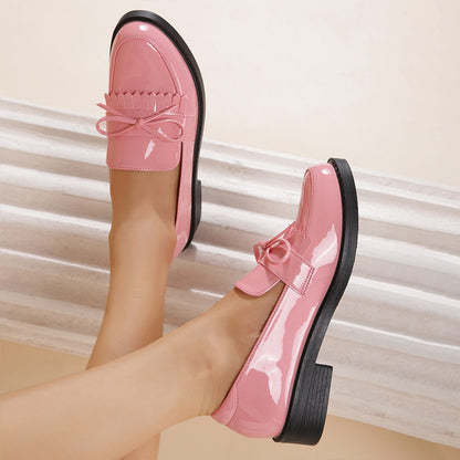 Pink Patent Leather Closed Toe Chunky Heel Formal Loafers