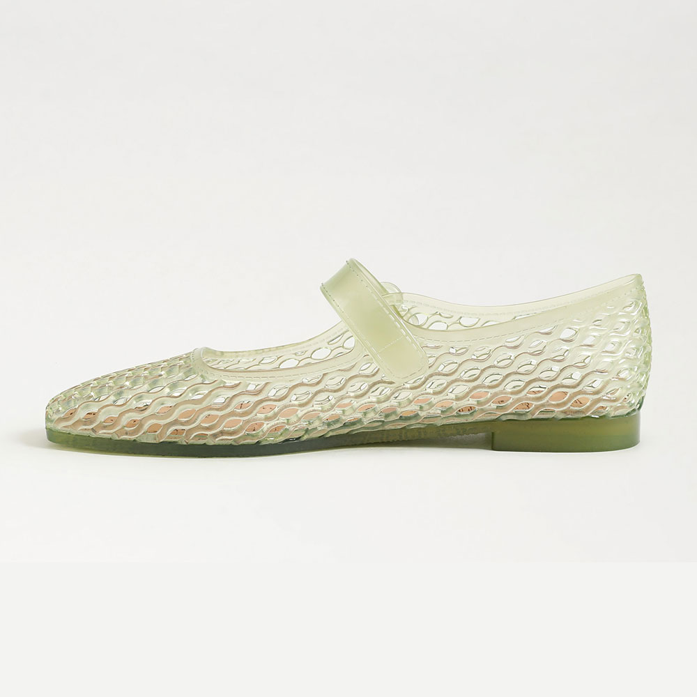 Light Green Square Toe Hollow Out PVC Flats with Buckle Strap