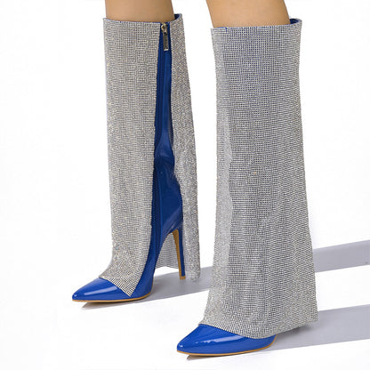 Blue Pointed Toe Stiletto Heel Side Zip Crystal Mesh Knee High Boots