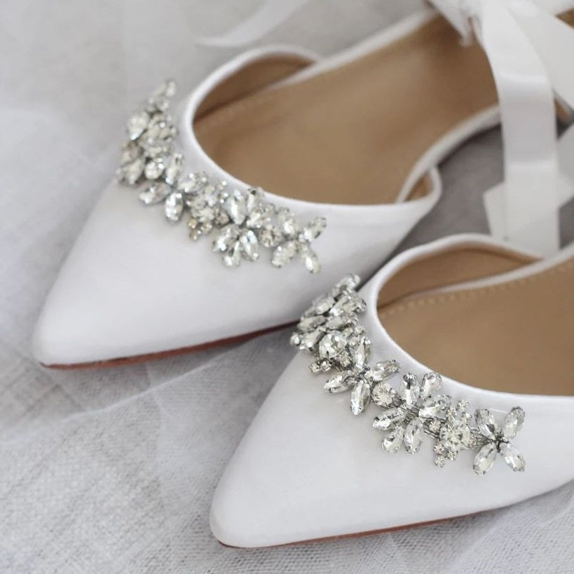 White Satin Bow Lace Up Rhinestone Wedding Flats
