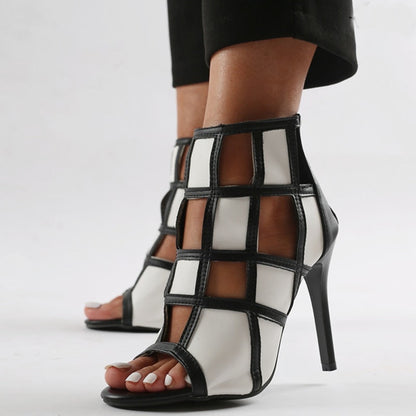 Black & White Plaid Peep Toe 3'' Stiletto Heel Cut-Out Ankle Boots