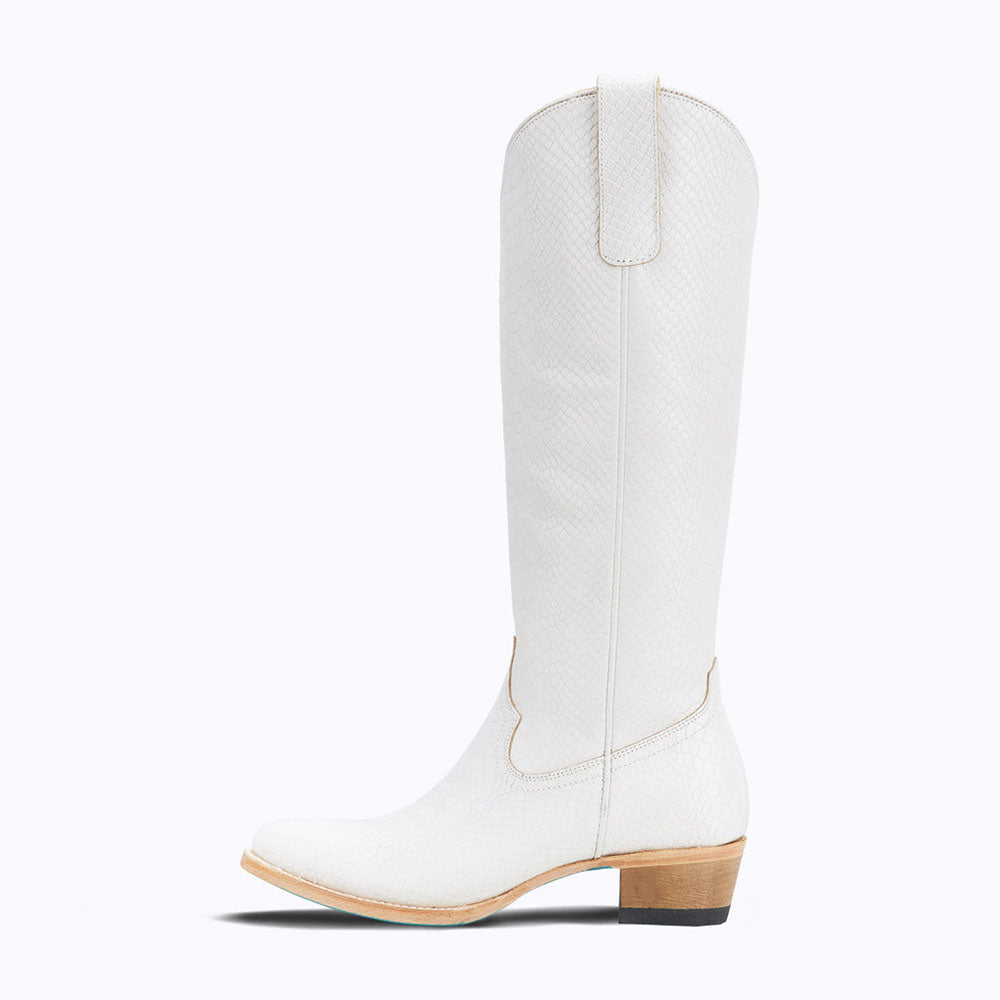 White Vegan Leather Closed Toe  Chunky Heel Knee High Boots
