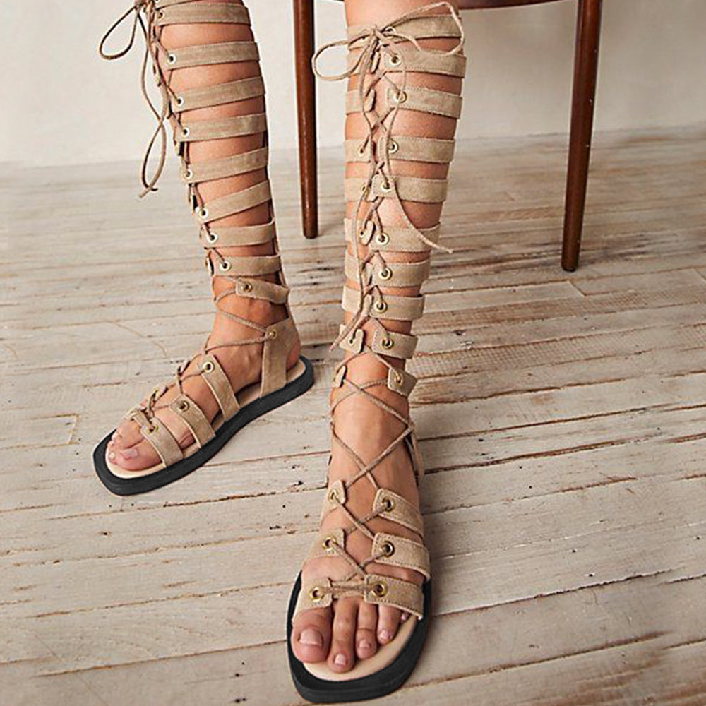 Light Brown Square Toe Gladiator Sandals Lace Up Flats Sandals