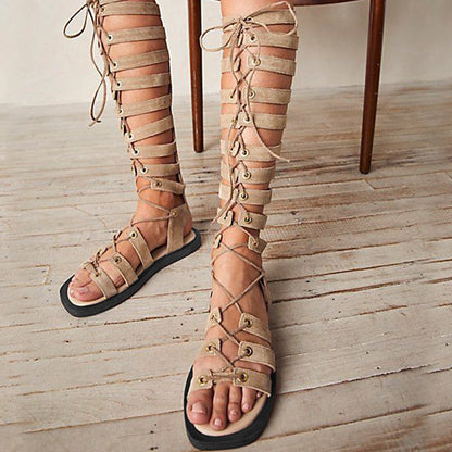 Light Brown Square Toe Gladiator Sandals Lace Up Flats Sandals