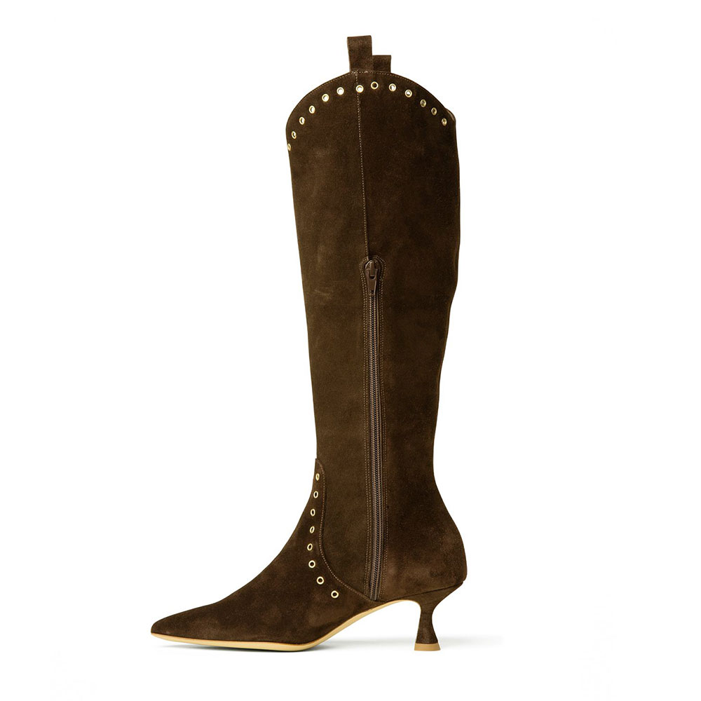 Brown Pointed Toe Spool Heel Grommet Knee High Boots for Women
