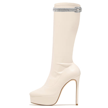 Women's Square Toe Zipper Rhinestone Strap Platform Boots in White