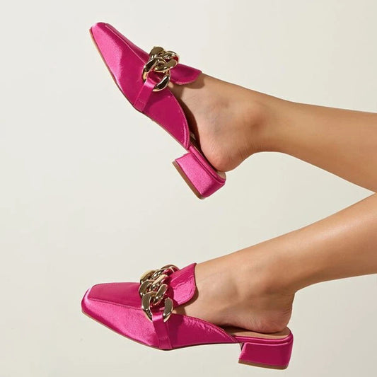 Hot Pink Block Heel Square Toe Chain Buckled Mule Loafers for Women