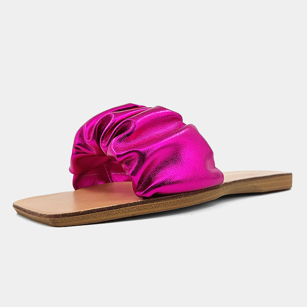Fuchsia Metallic Ruched Strap Design Square Toe Slip-On Sandals