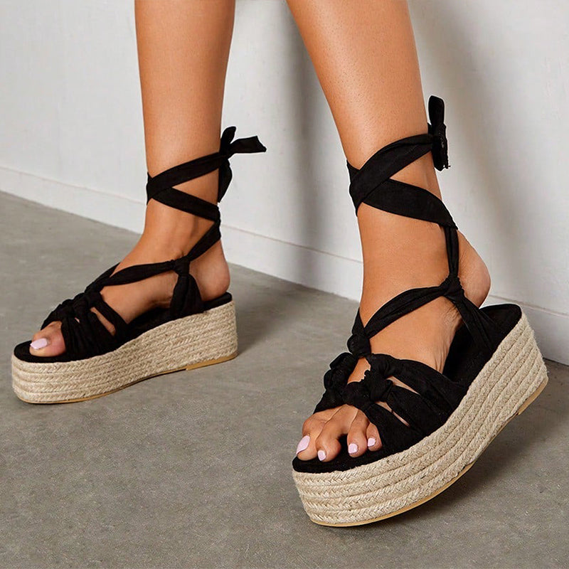 Black Open-Toe Wrap Strap Espadrille Platform Sandals Beach Wedges