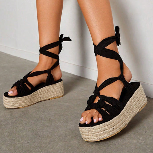 Black Open-Toe Wrap Strap Espadrille Platform Sandals Beach Wedges
