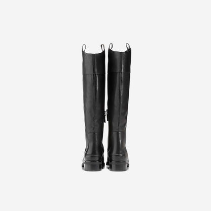 Black Vegan Leather Closed Toe Chunky Heel Knee High Boots