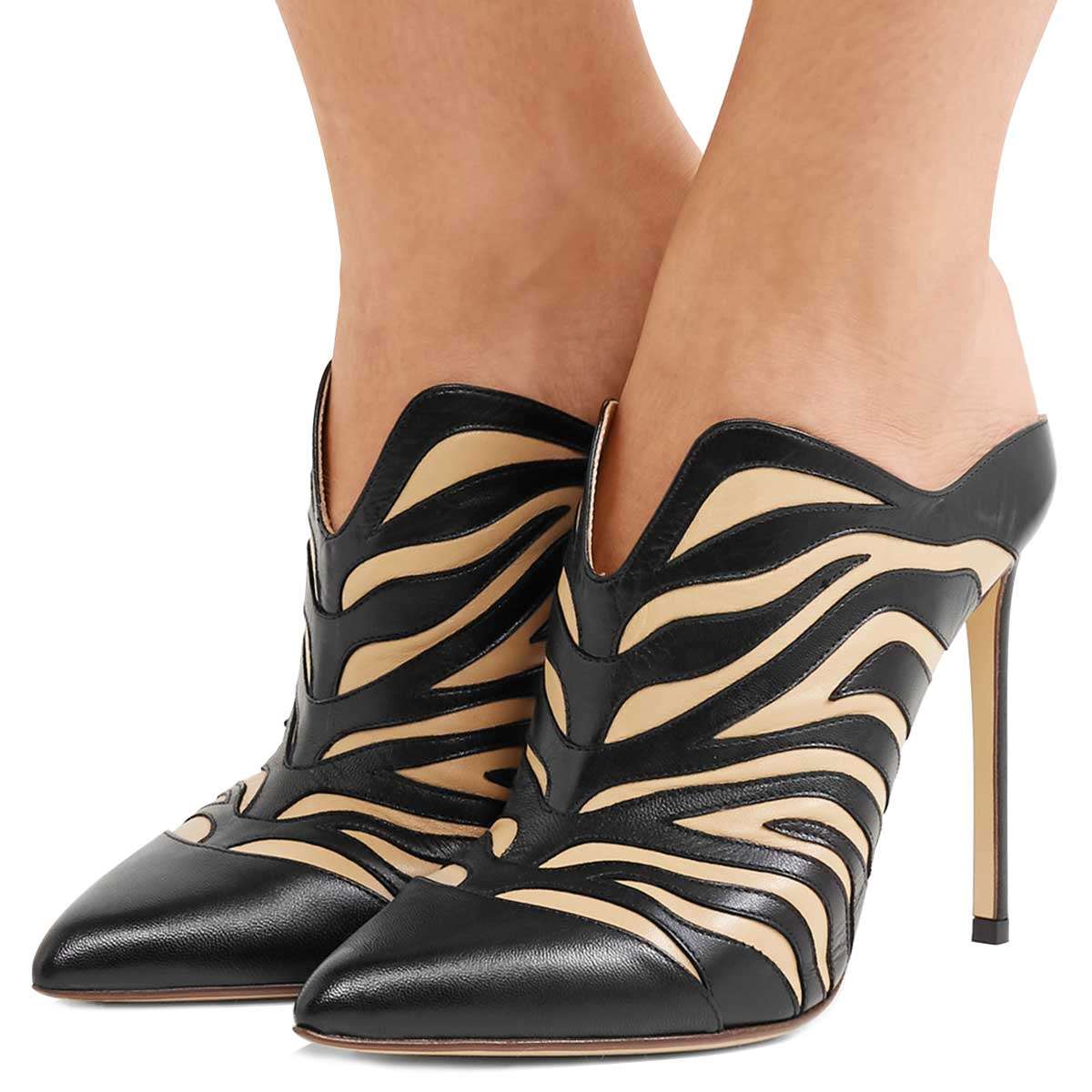 Women's Black and Nude Animal Print Pointed Toe Mule Heels