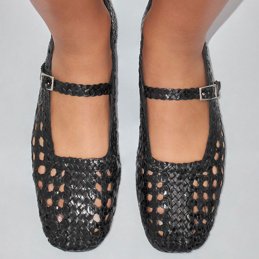 Black Square Toe Woven Detail Buckle Strap Flat Shoes Women