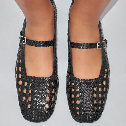Black Square Toe Woven Detail Buckle Strap Flat Shoes Women