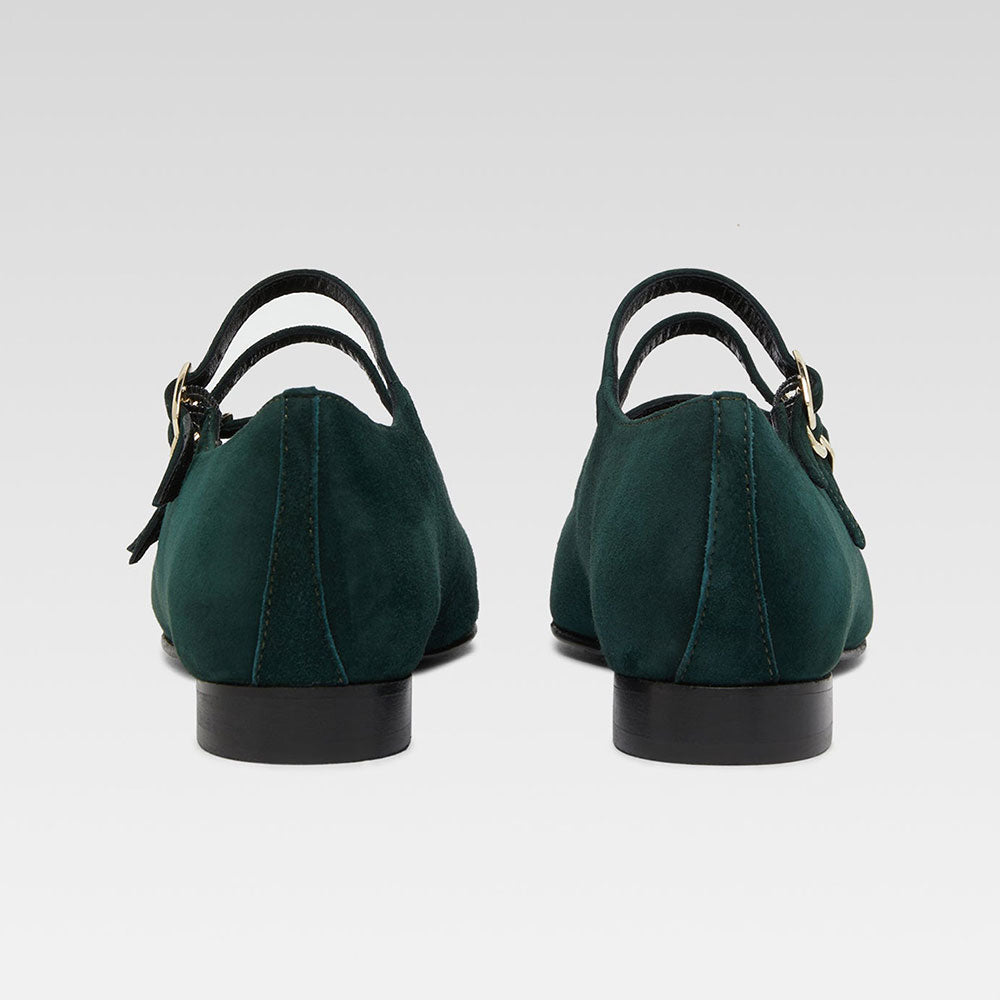 Dark Green Vegan Suede Square Toe Mary Jane Flats with Buckles