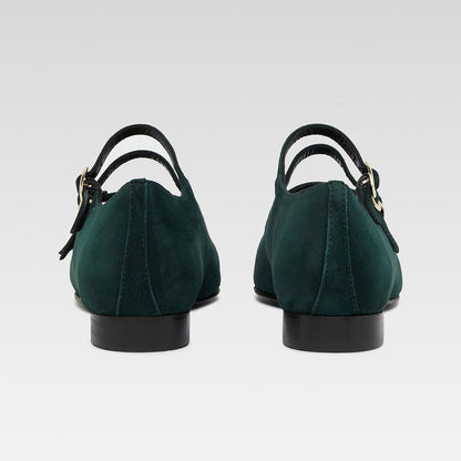 Dark Green Vegan Suede Square Toe Mary Jane Flats with Buckles