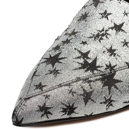 Silver and Black Star Printed Pointy Toe Flats