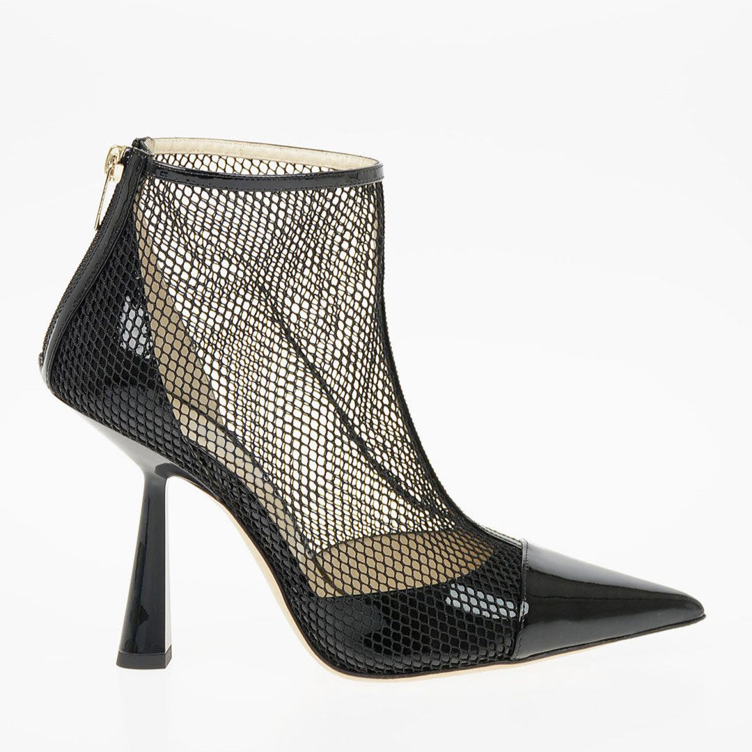 Black Net & Patent Leather Ankle Boots Pointy Toe Flared Heel Booties