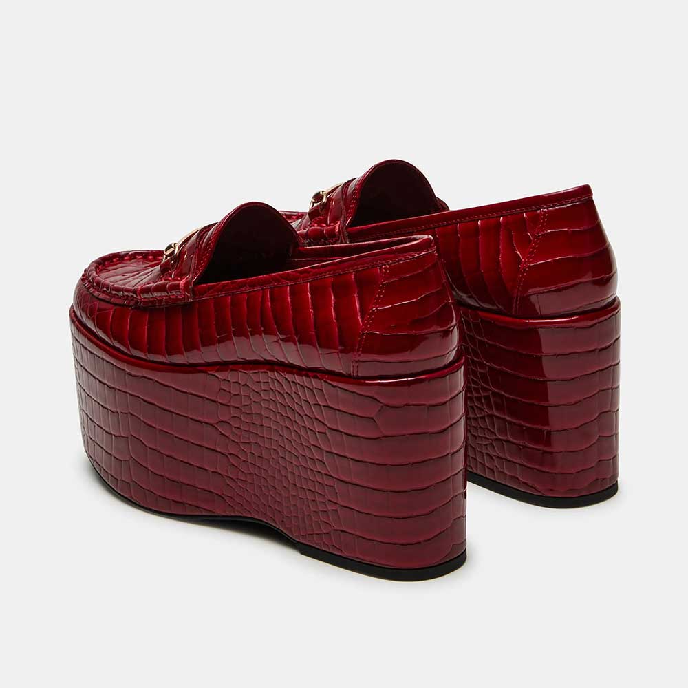 Red Crocodile Embossed Metal Strap Round Toe High Platform Loafers