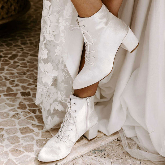 White Velvet Almond Toe Block Heel Lace-Up Ankle Boots with Zipper